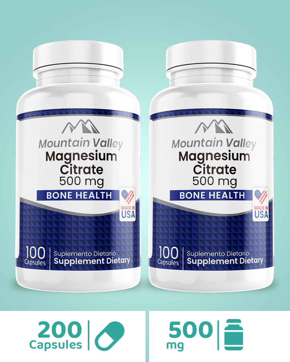 CITRATO DE MAGNESIO | 500 MG | 200 CAPSULES | MOUNTAIN VALLEY