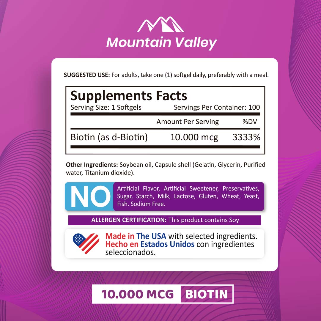 BIOTIN | 10.000 MCG | 200 SOFTGELS | MOUNTAIN VALLEY