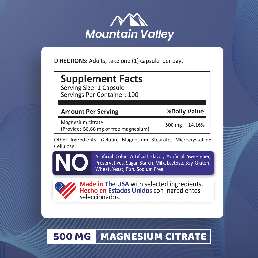 CITRATO DE MAGNESIO | 500 MG | 300 CAPSULES | MOUNTAIN VALLEY