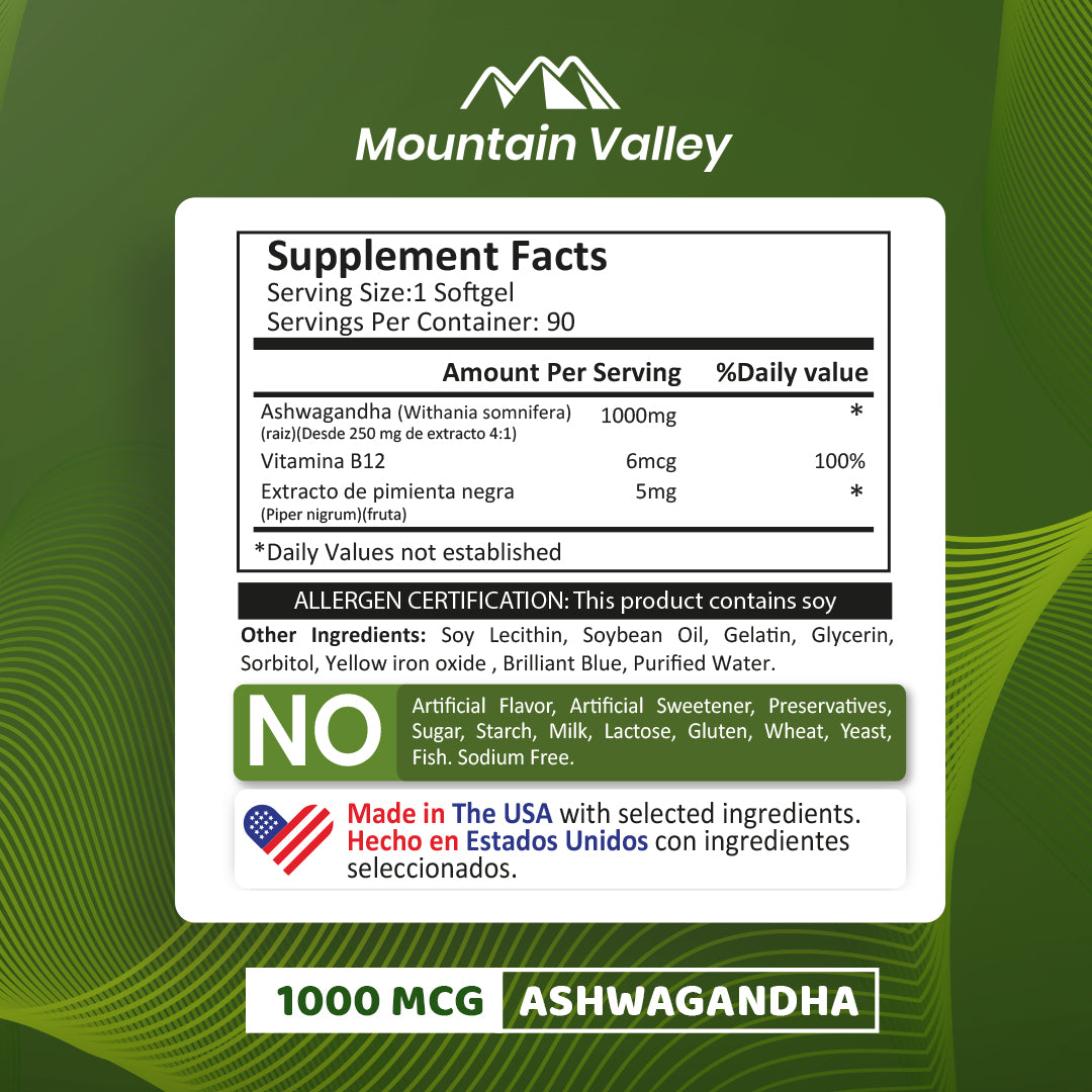 ASHWAGANDHA | 1,000MG | 180 SOFTGELS | MOUNTAIN VALLEY